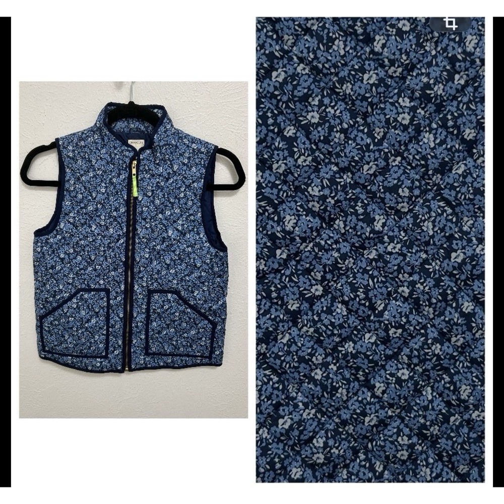 J. Crew Crewcuts Girls Puffer Vest Blue Ditzy Floral M Full Zip Patch Pockets